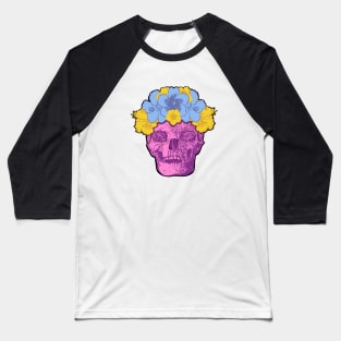 Pink Skull with Blue and Yellow Flower Crown Baseball T-Shirt